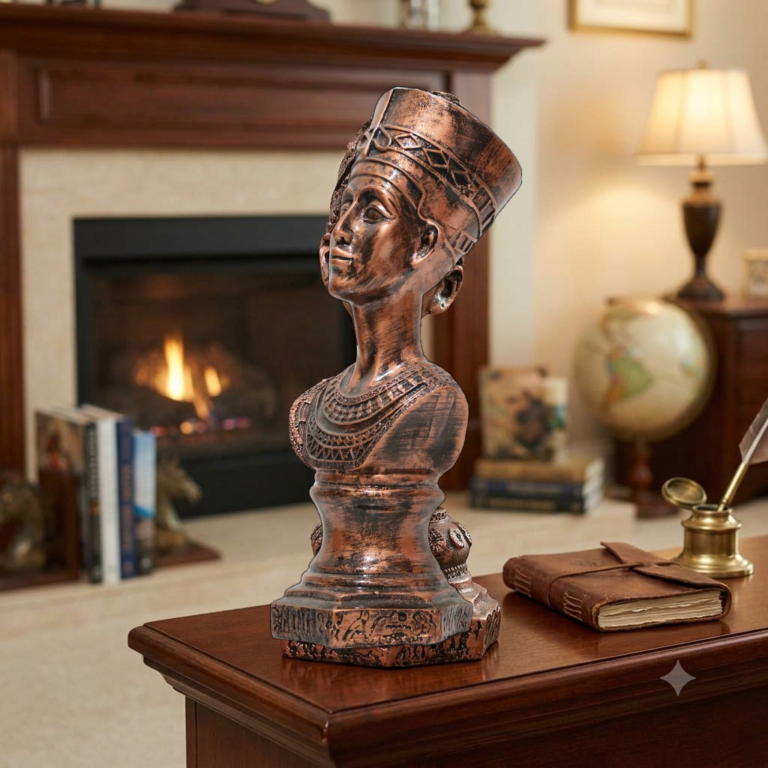 Side profile view of a handcrafted antique bronze finish Egyptian King bust sculpture on a pedestal