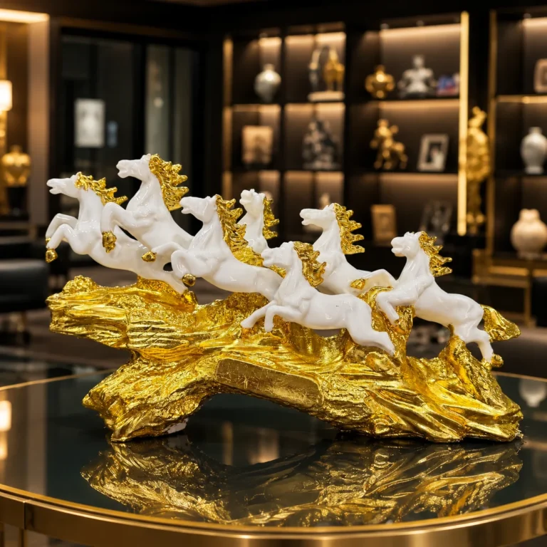 7 Running Horses Sculpture in white and gold finish