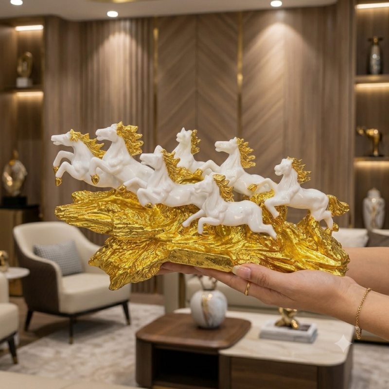 Left angle presentation view of 7 Running Horses Statue featuring glossy white running horses with gold mane on a sculpted golden base held by hands in a luxury living interior by India Ka Craft.
